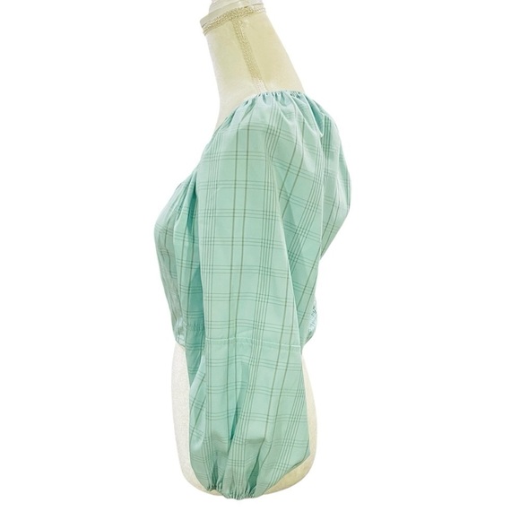 Buru Sweetheart Neck Balloon Sleeve Stripe Smocked Bustier Crop Top NWT Aqua - Picture 10 of 16